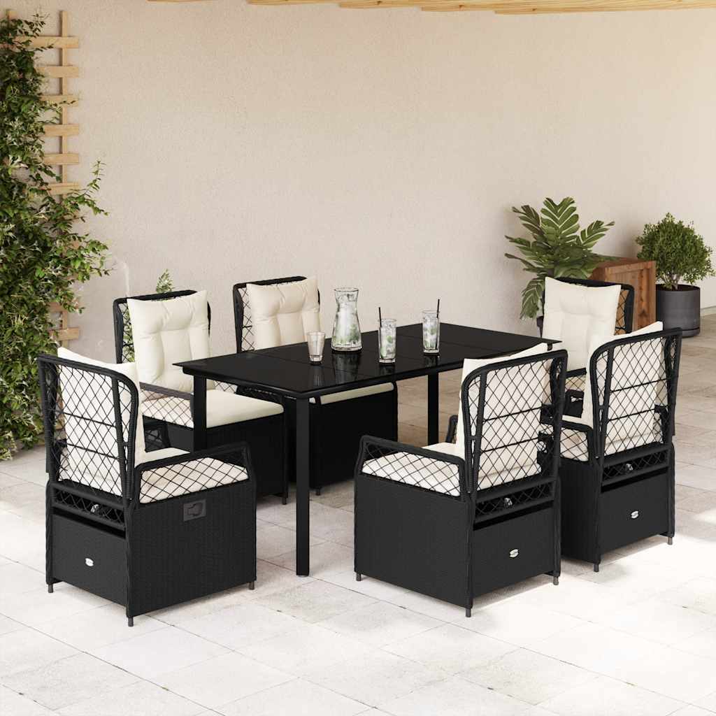 Ensemble à manger de jardin coussins 7pcs Noir Résine tressée