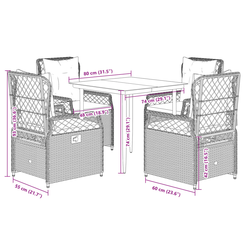 Ensemble à manger de jardin 5 pcs et coussins marron poly rotin