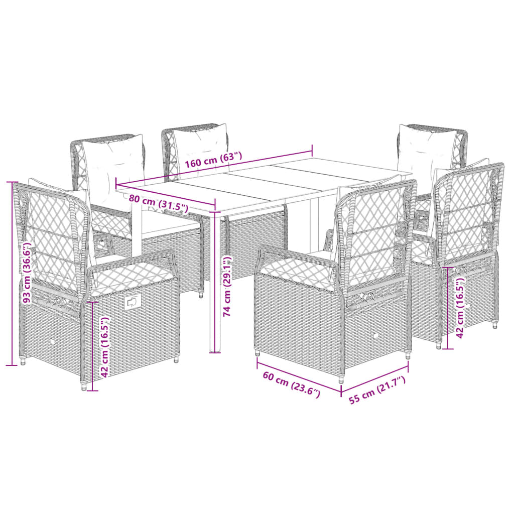 Ensemble à manger de jardin et coussins 7 pcs marron rotin