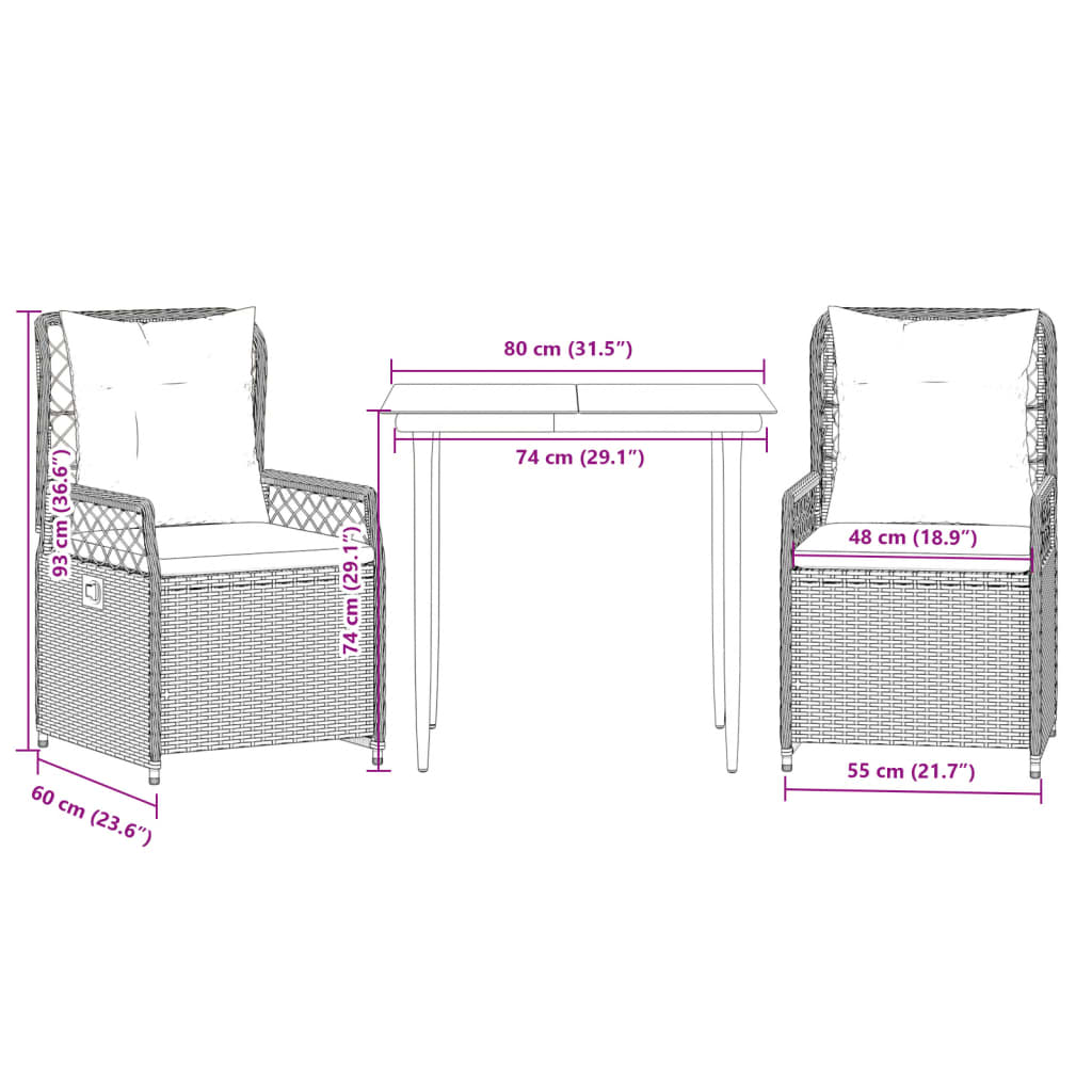 Ensemble à manger de jardin 3 pcs coussins gris résine tressée