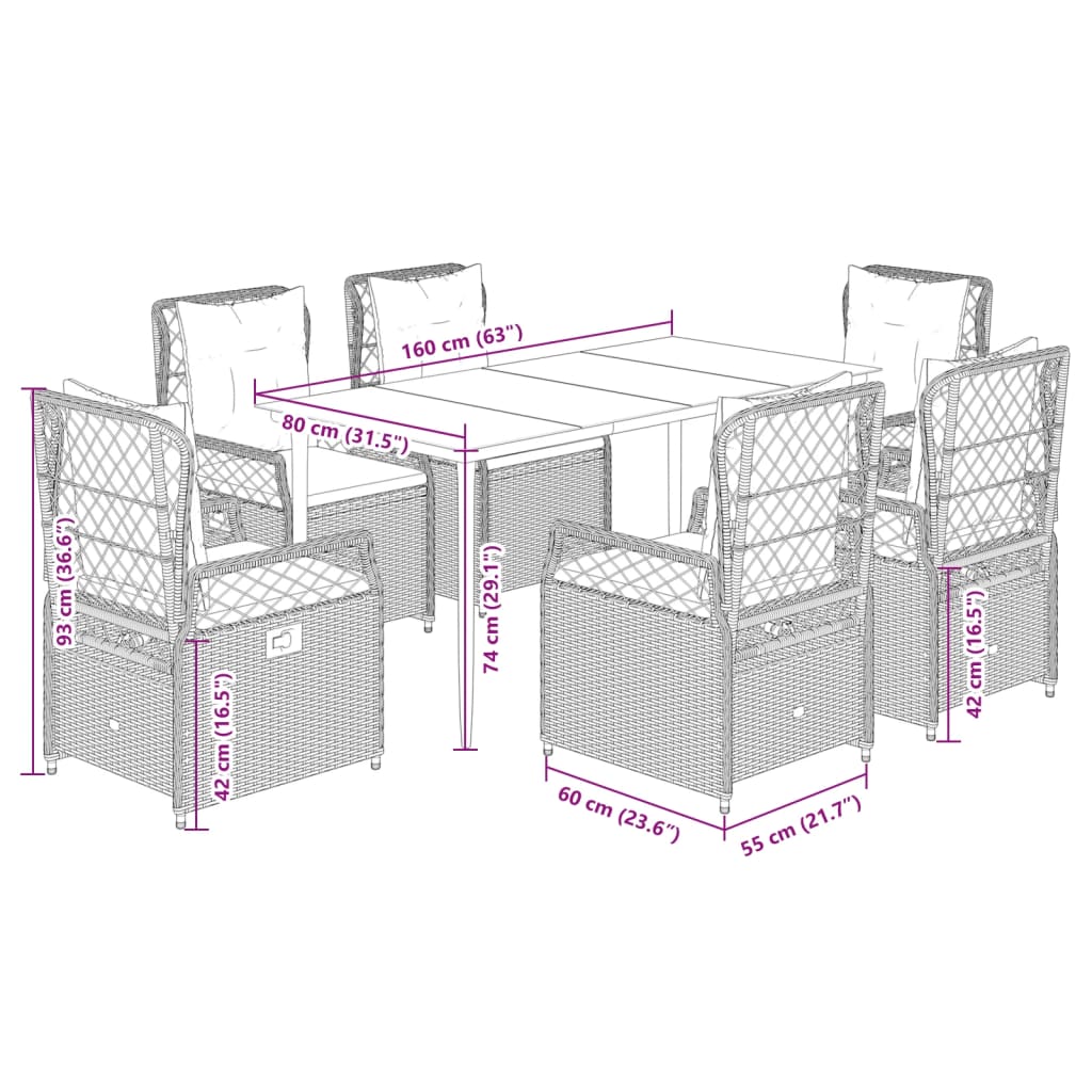 Ensemble à manger de jardin et coussins 7 pcs gris rotin