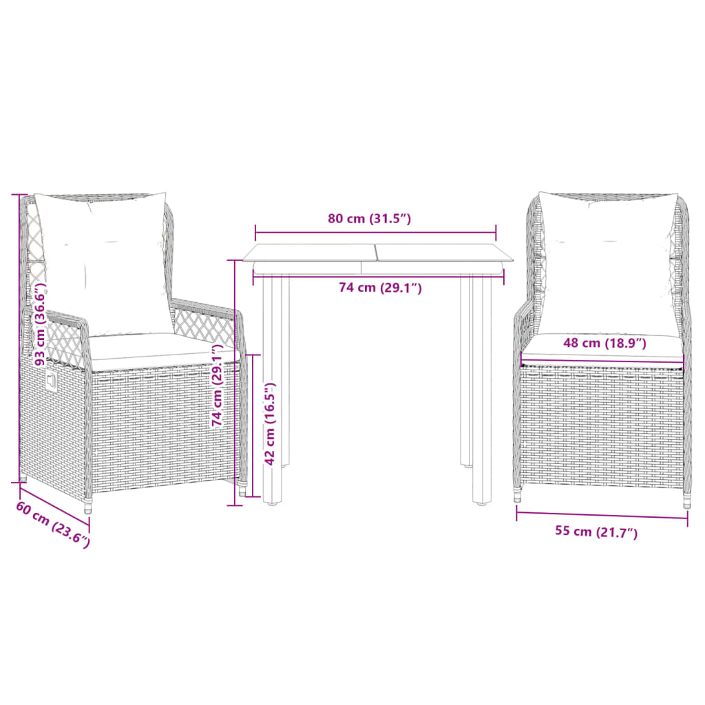 Ensemble à manger de jardin 3 pcs coussins gris résine tressée