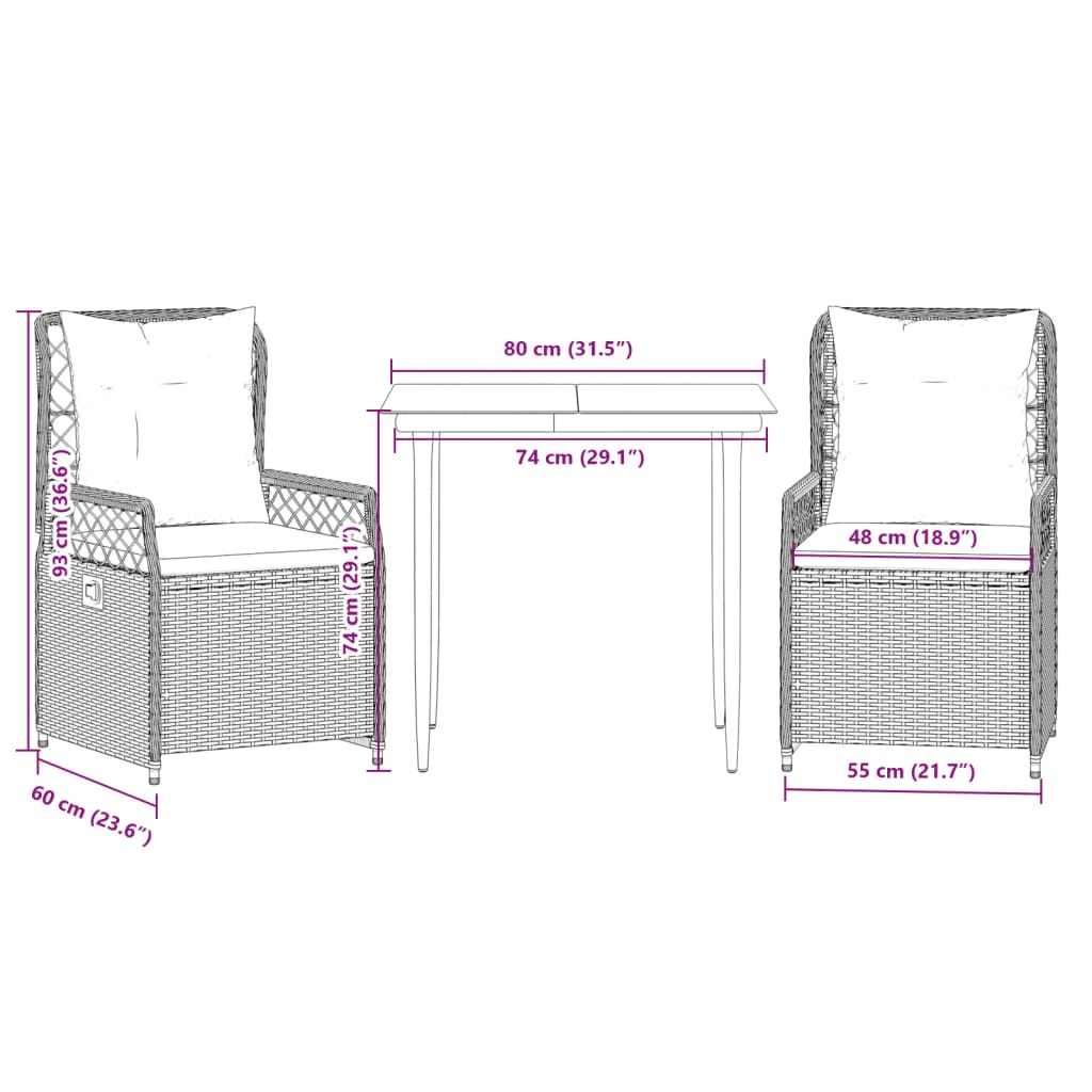 Ensemble à manger de jardin et coussins 3 pcs Beige poly rotin