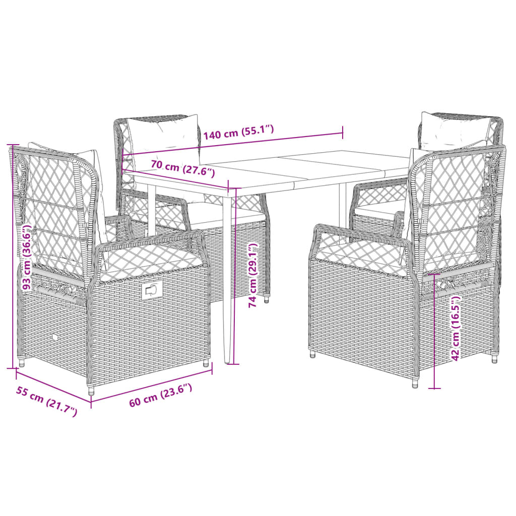 Ensemble à manger de jardin et coussins 5 pcs gris clair rotin
