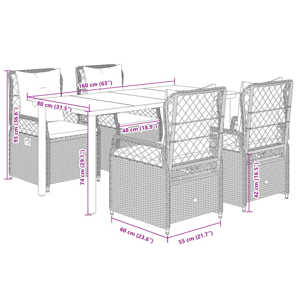 Ensemble à manger de jardin et coussins 5 pcs gris clair rotin