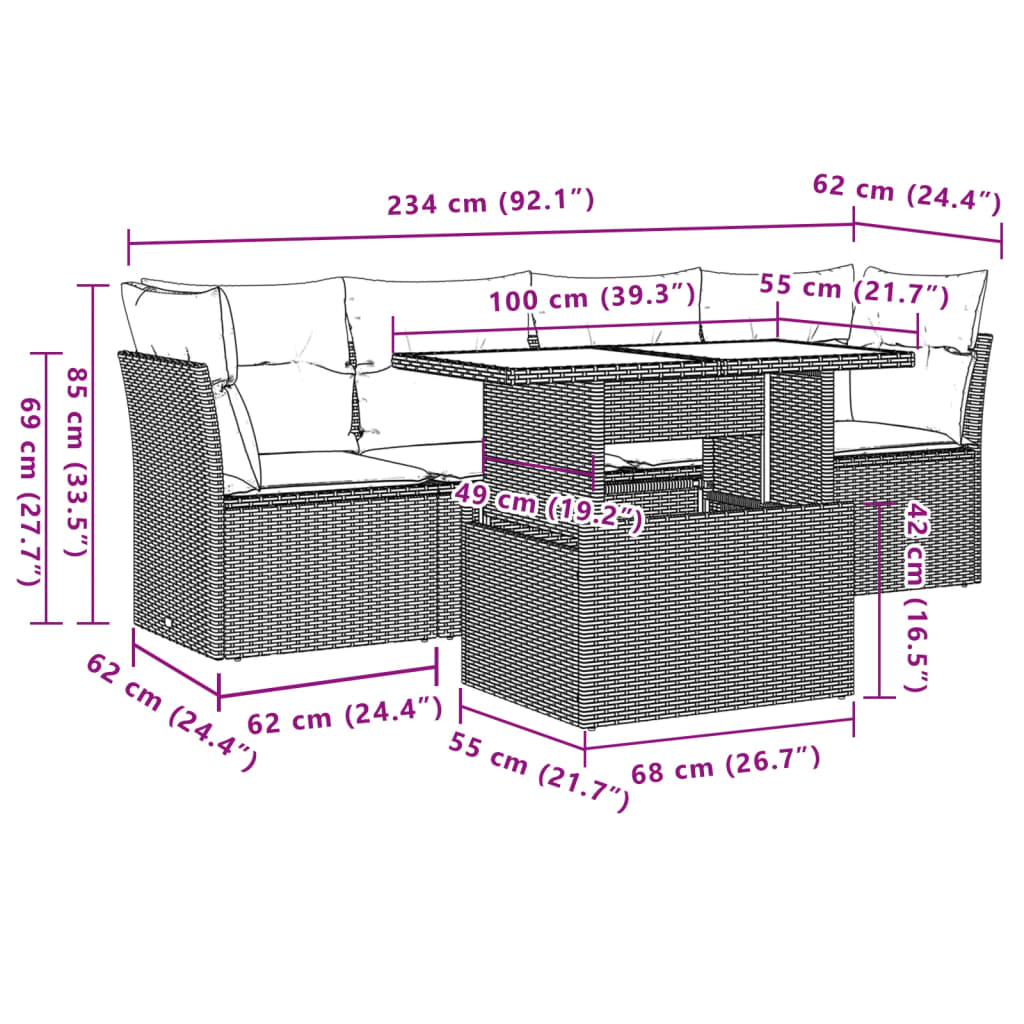 Ensemble de canapé de jardin 5 pcs avec coussins gris résine tressée