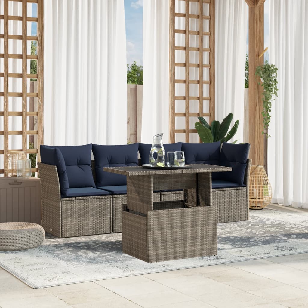 Ensemble de canapé de jardin 5 pcs avec coussins gris résine tressée