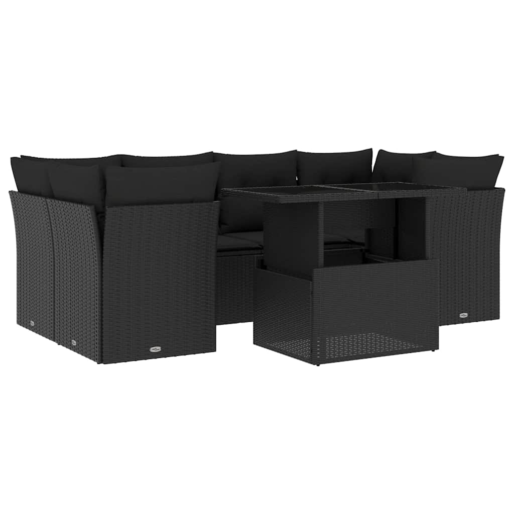 Salon de jardin 7 pcs avec coussins noir résine tressée