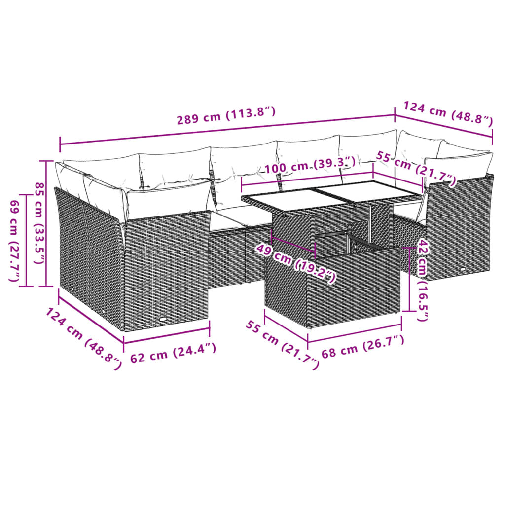 Ensemble de canapé de jardin 8 pcs avec coussins gris résine tressée
