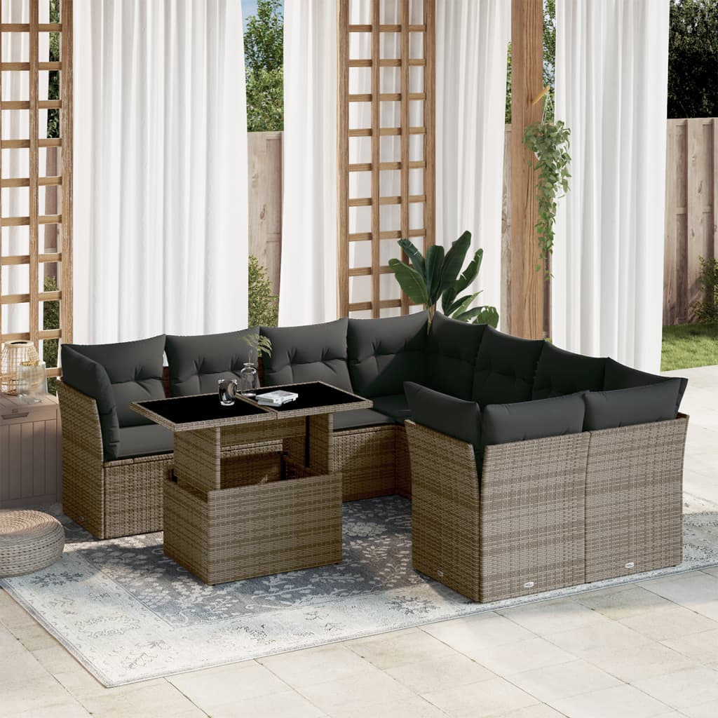 Salon de jardin 9 pcs avec coussins gris résine tressée Salons de jardin vidaXL