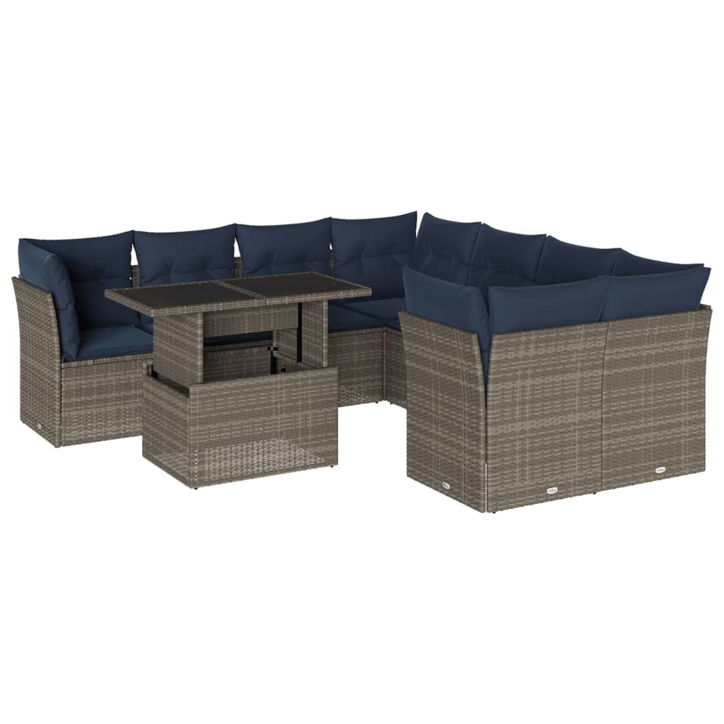 Ensemble de canapé de jardin 9 pcs avec coussins gris résine tressée