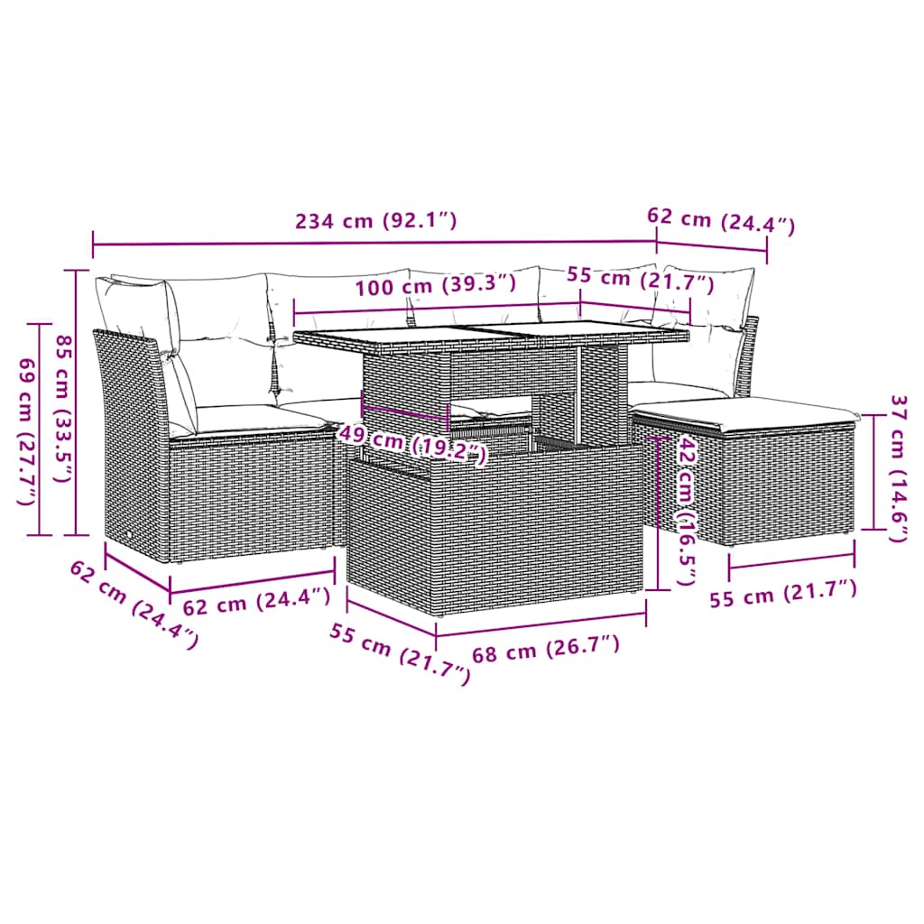 Ensemble de canapé de jardin 6 pcs avec coussins gris résine tressée