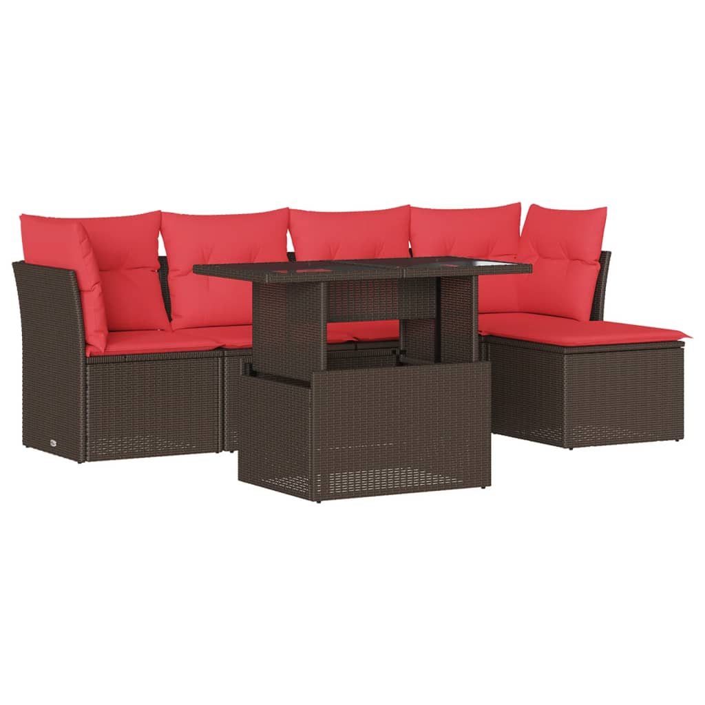 Ensemble de canapé de jardin 6 pcs avec coussins marron résine tressée