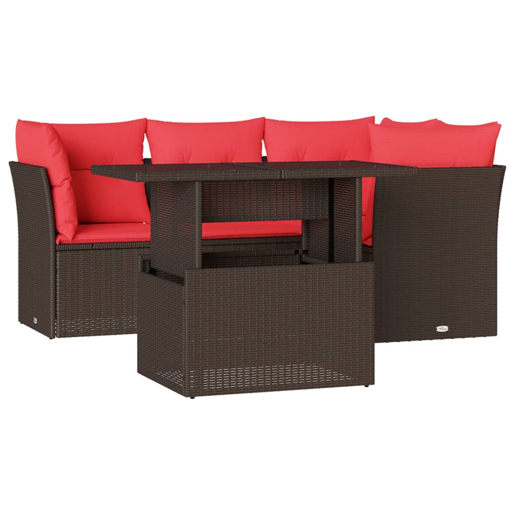 Ensemble de canapé de jardin 5 pcs avec coussins marron résine tressée