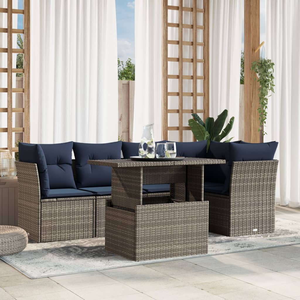 Ensemble de canapé de jardin 6 pcs avec coussins gris résine tressée