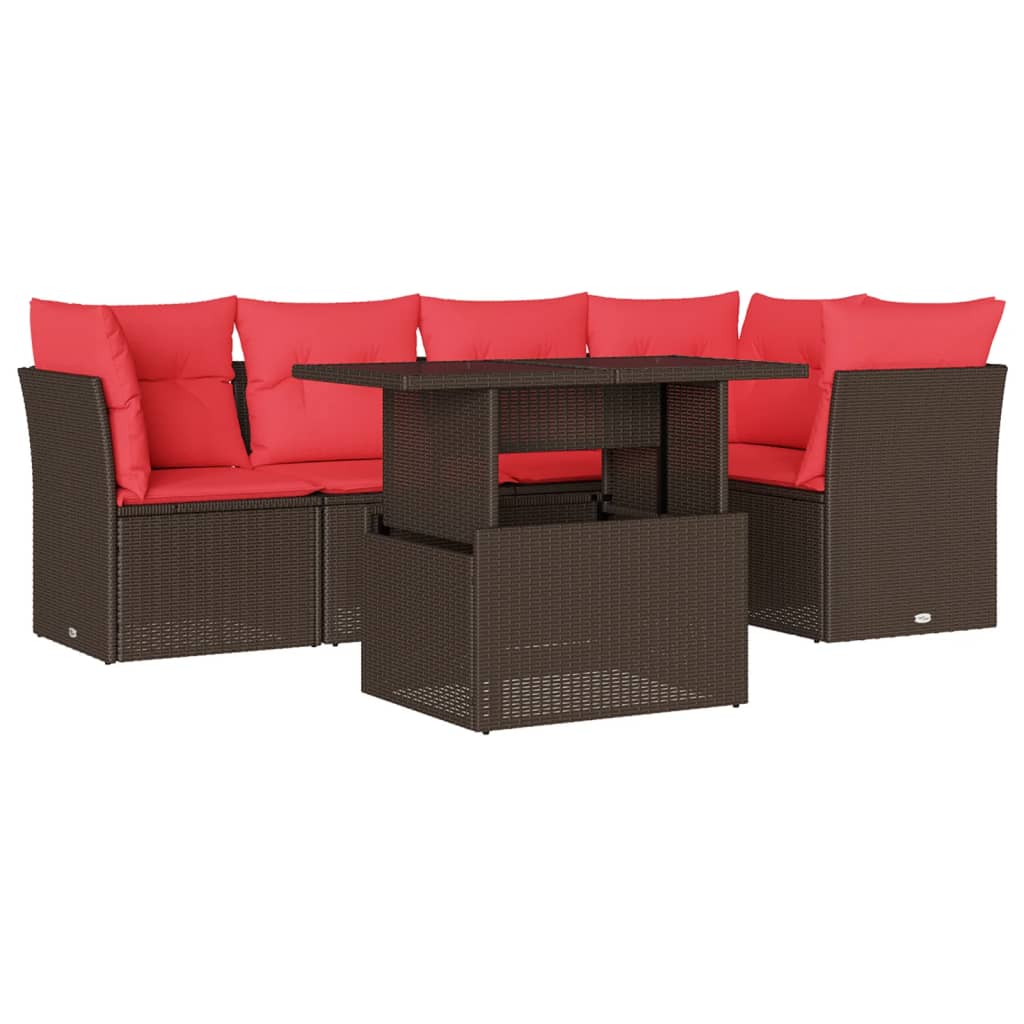 Ensemble de canapé de jardin 6 pcs avec coussins marron résine tressée