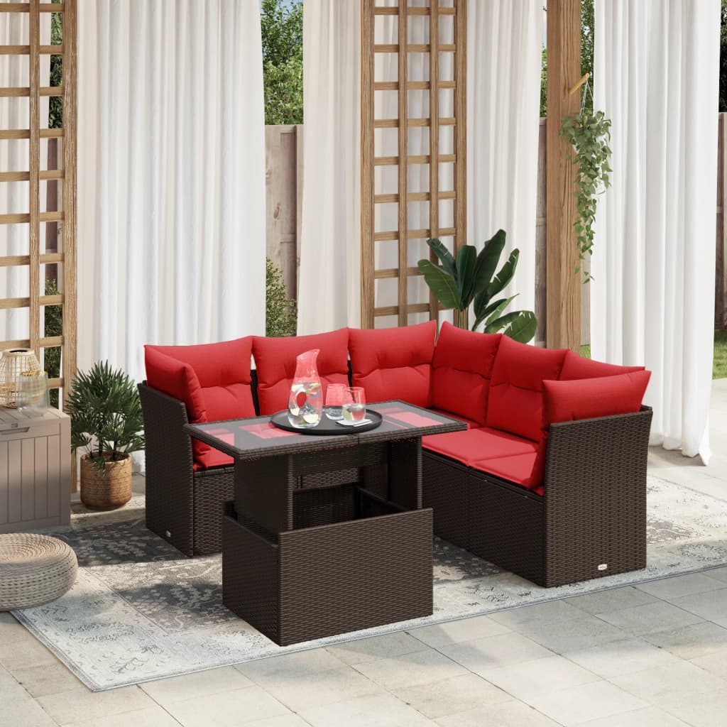 Ensemble de canapé de jardin 6 pcs avec coussins marron résine tressée