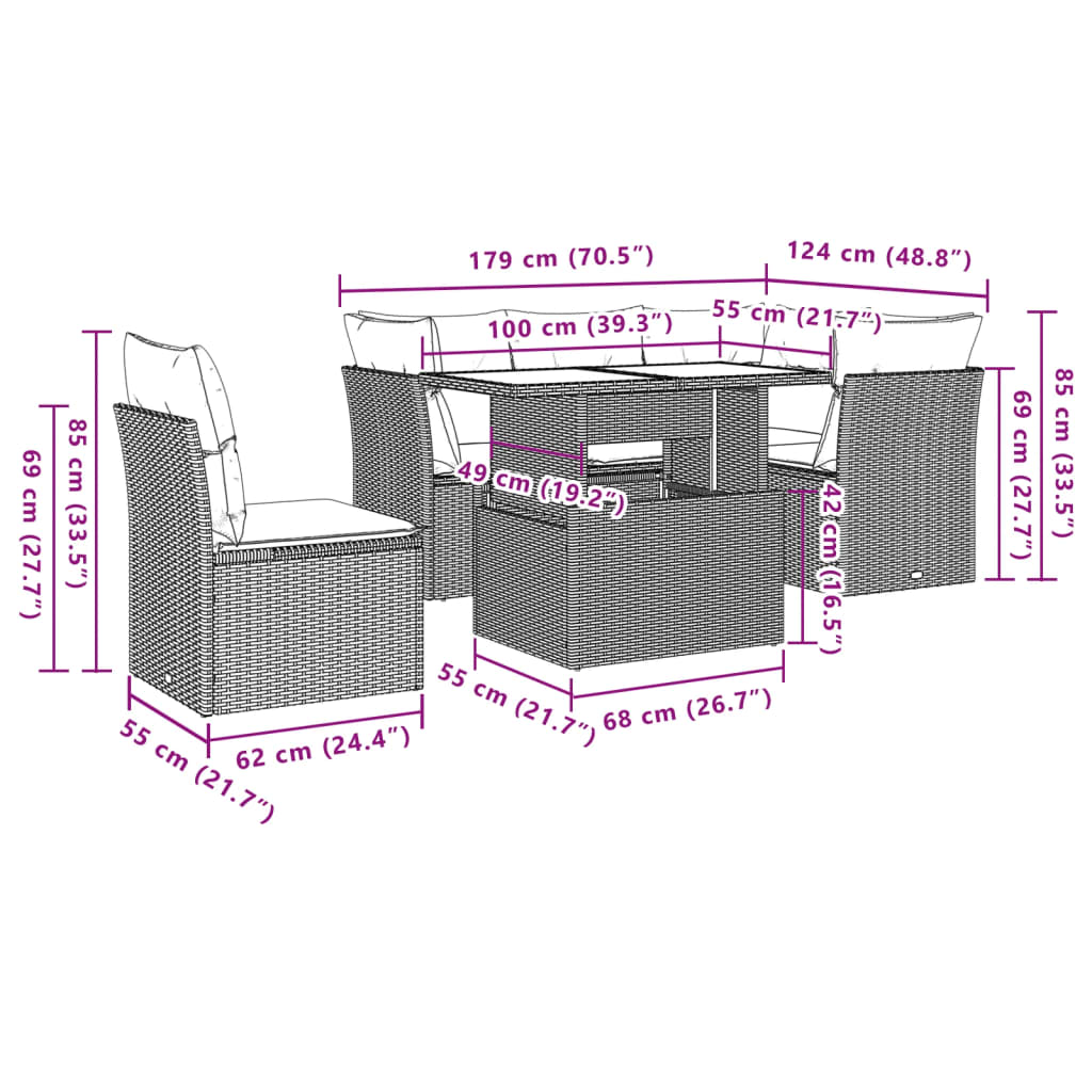 Ensemble de canapé de jardin 6 pcs avec coussins gris résine tressée