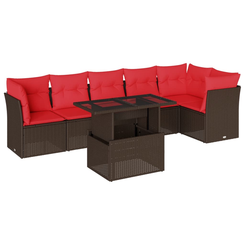 Ensemble de canapé de jardin 7 pcs avec coussins marron résine tressée