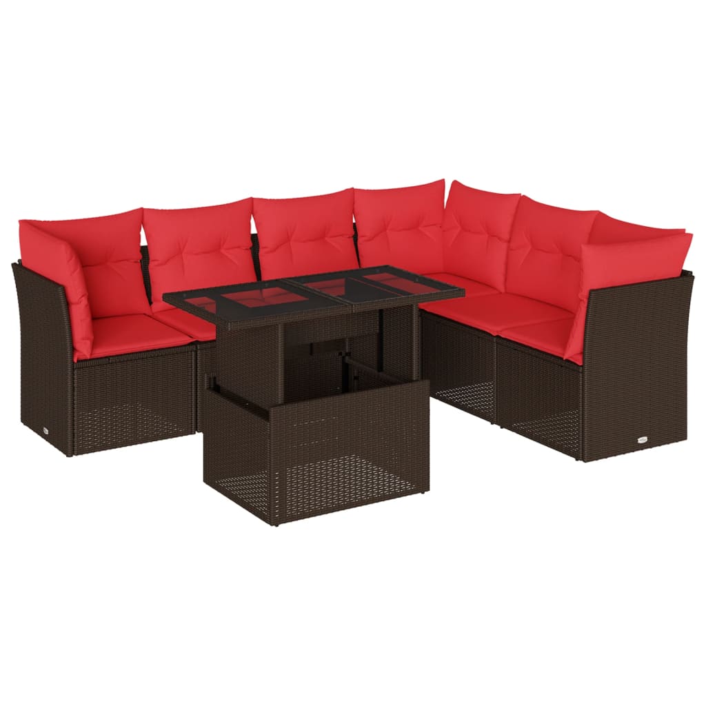 Ensemble de canapé de jardin 7 pcs avec coussins marron résine tressée