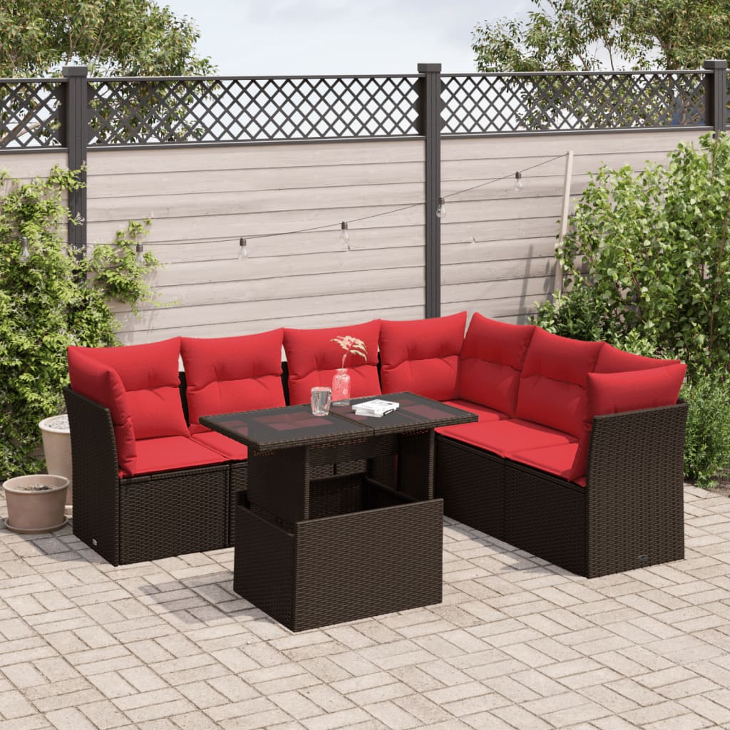 Ensemble de canapé de jardin 7 pcs avec coussins marron résine tressée