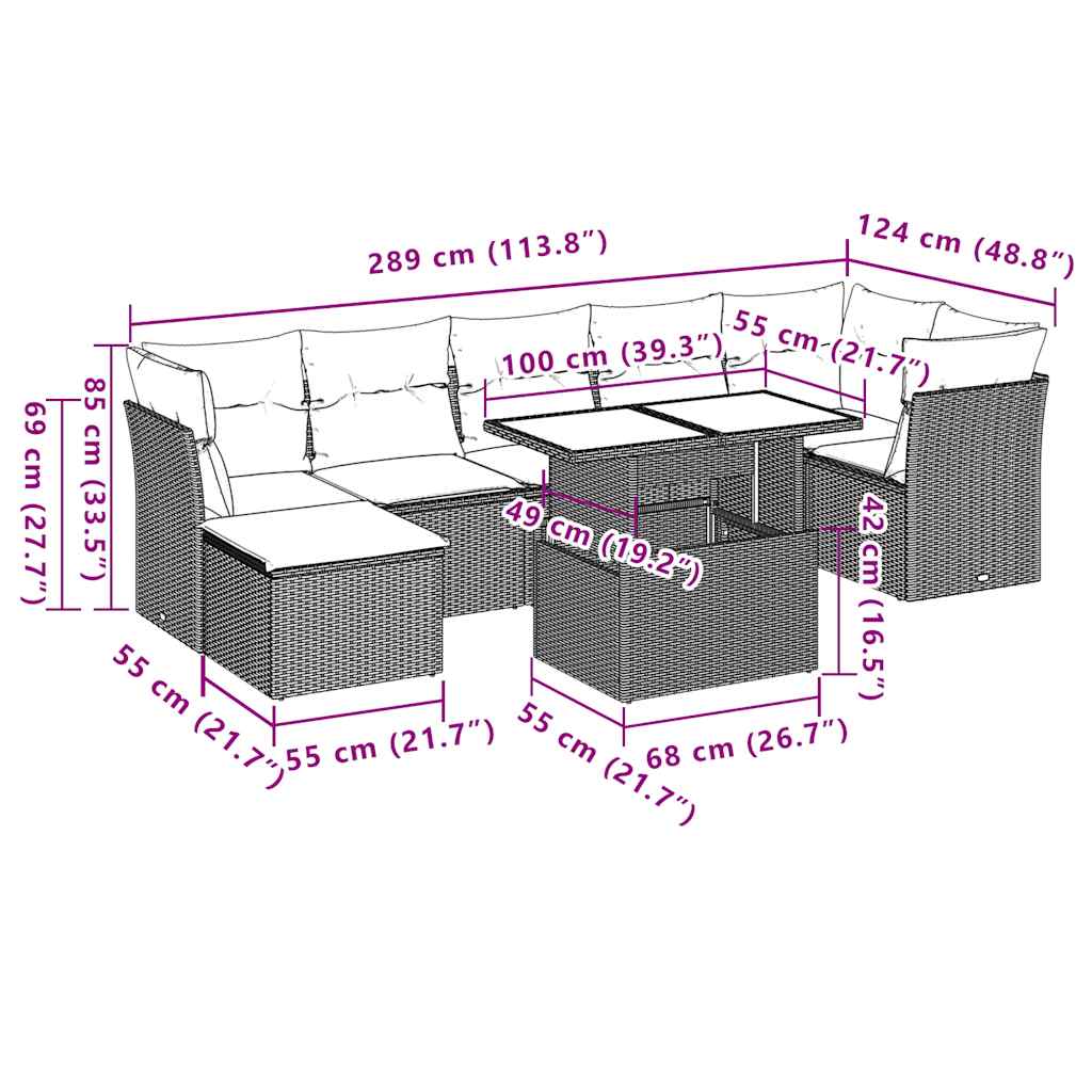 Ensemble de canapé de jardin 8 pcs avec coussins gris résine tressée