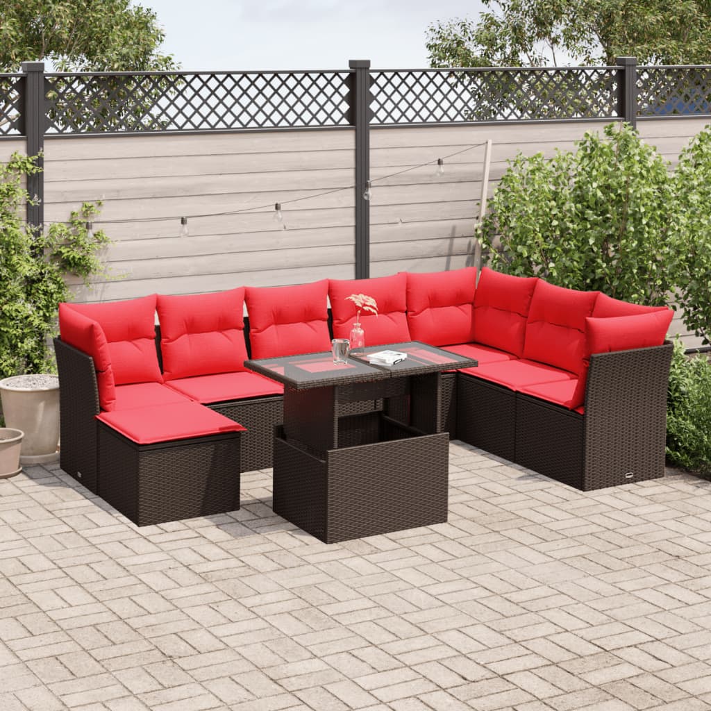 Ensemble de canapé de jardin 9 pcs avec coussins marron résine tressée