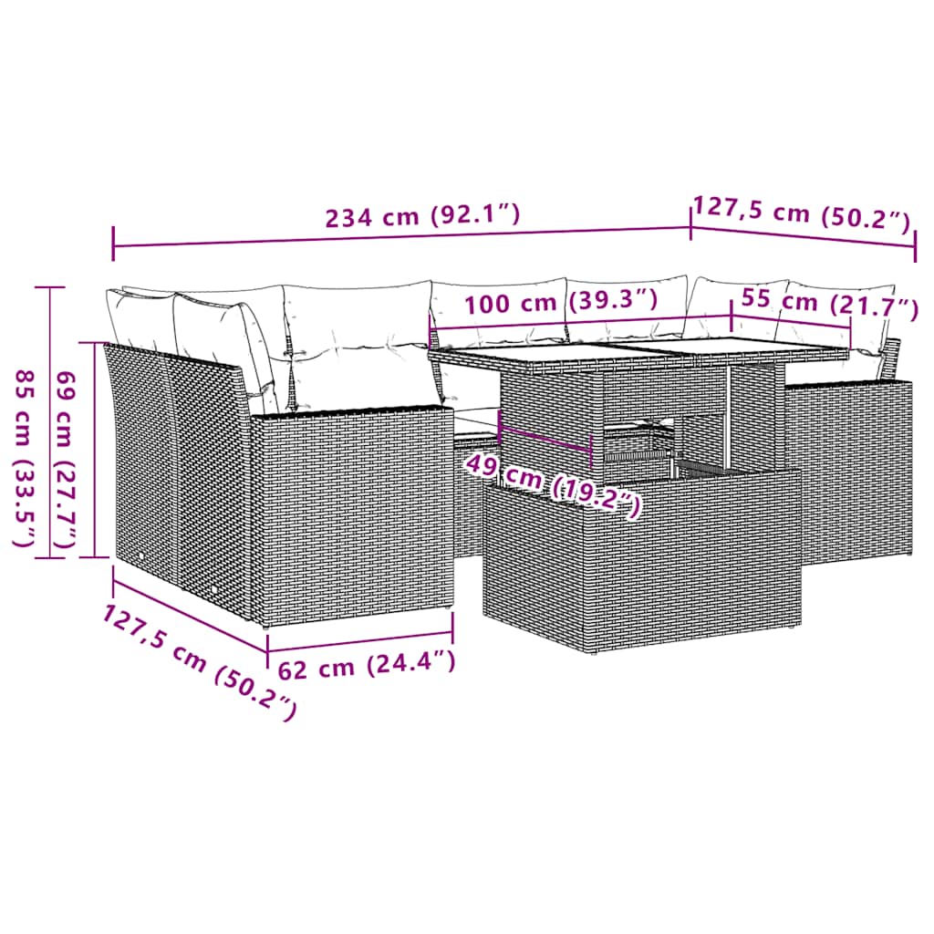 Ensemble de canapé de jardin 7 pcs avec coussins gris résine tressée