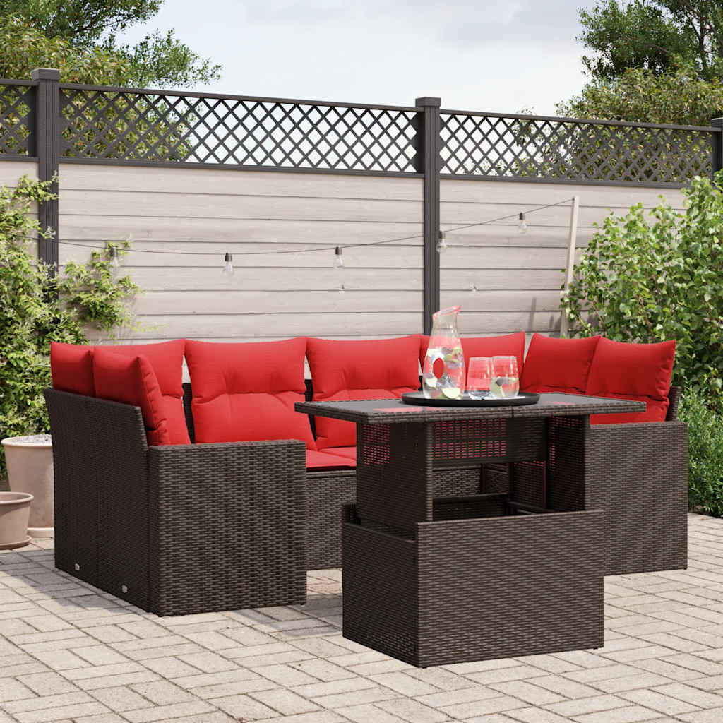 Ensemble de canapé de jardin 7 pcs avec coussins marron résine tressée