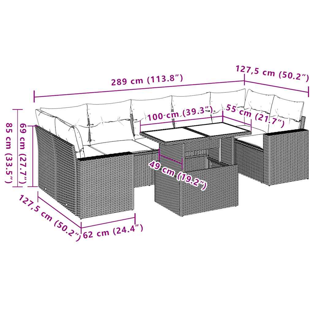 Ensemble de canapé de jardin 8 pcs avec coussins gris résine tressée