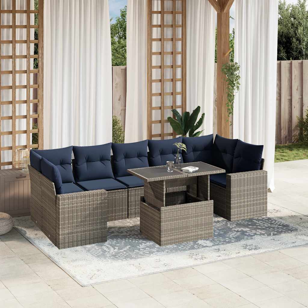 Ensemble de canapé de jardin 8 pcs avec coussins gris résine tressée
