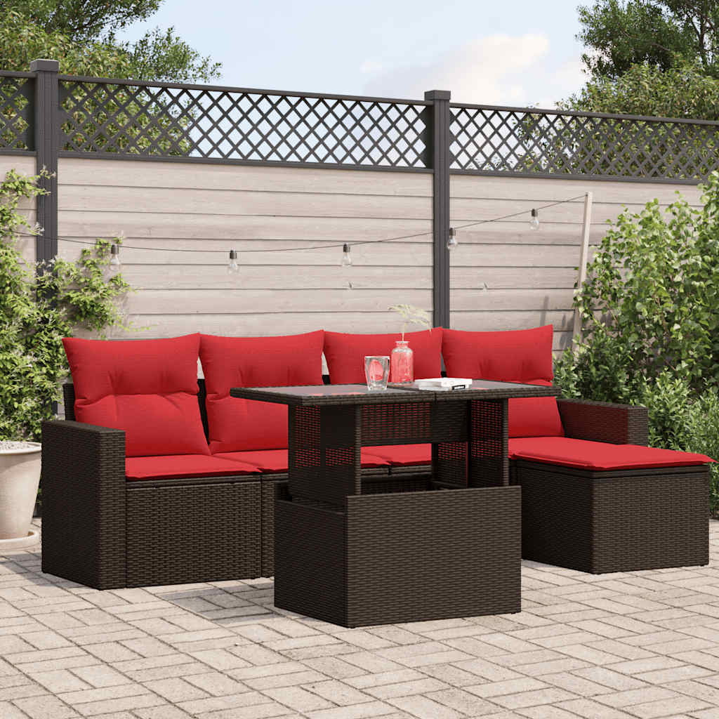 Ensemble de canapé de jardin 6 pcs avec coussins marron résine tressée