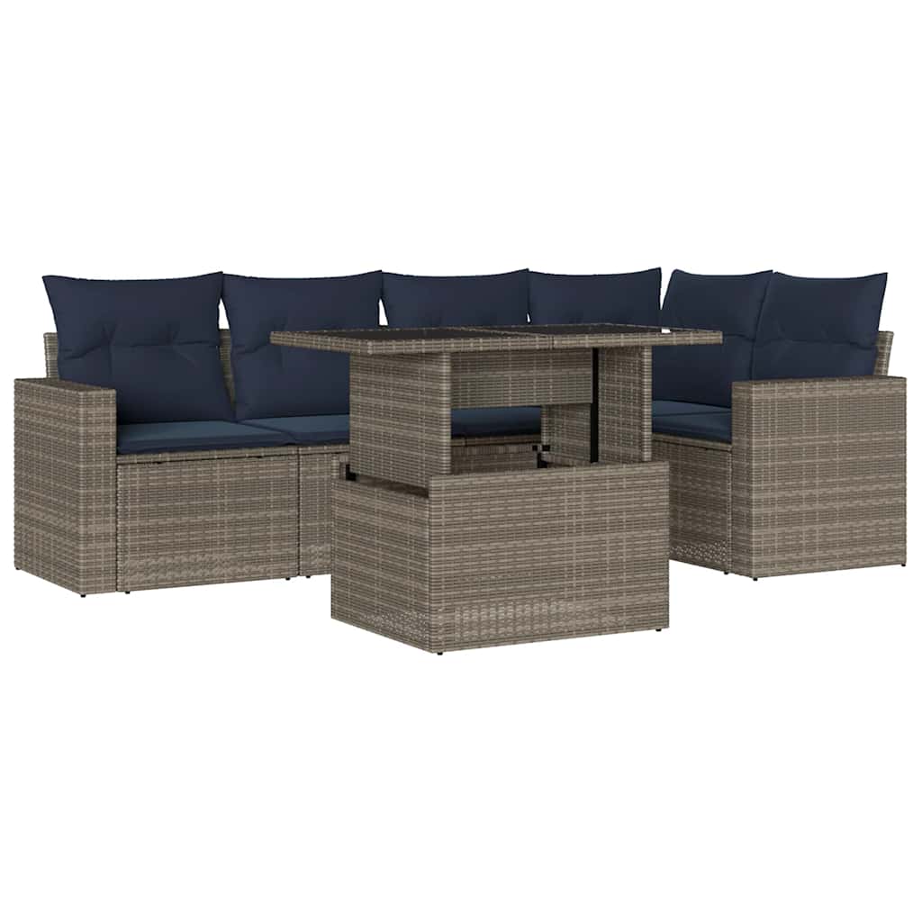 Ensemble de canapé de jardin 6 pcs avec coussins gris résine tressée