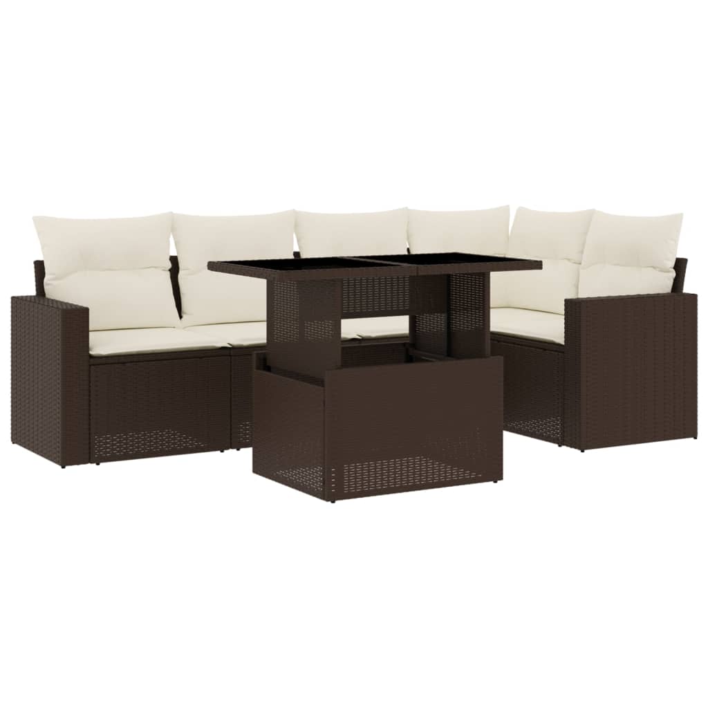 Salon de jardin avec coussins 6 pcs marron résine tressée