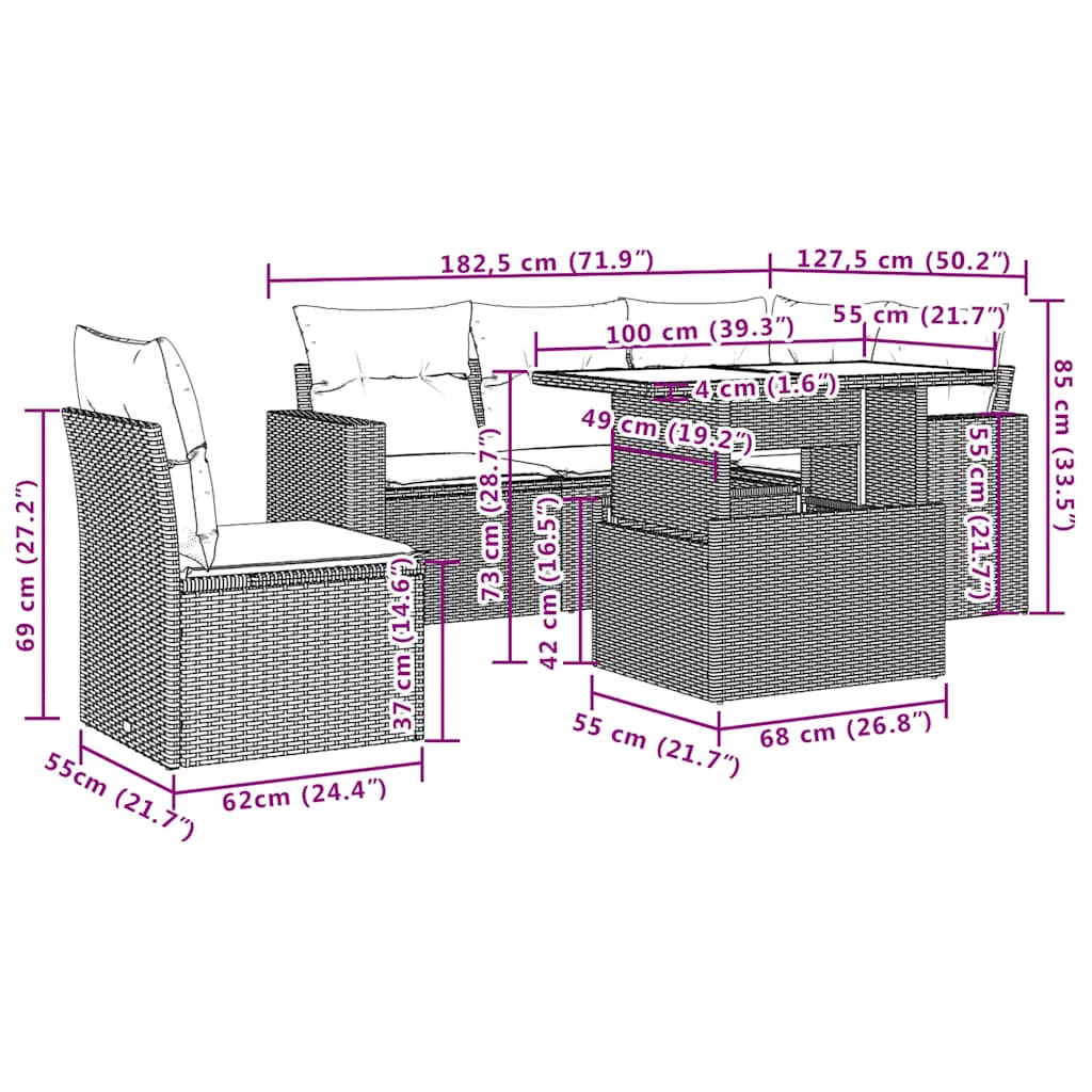 Ensemble de canapé de jardin 6 pcs avec coussins gris résine tressée