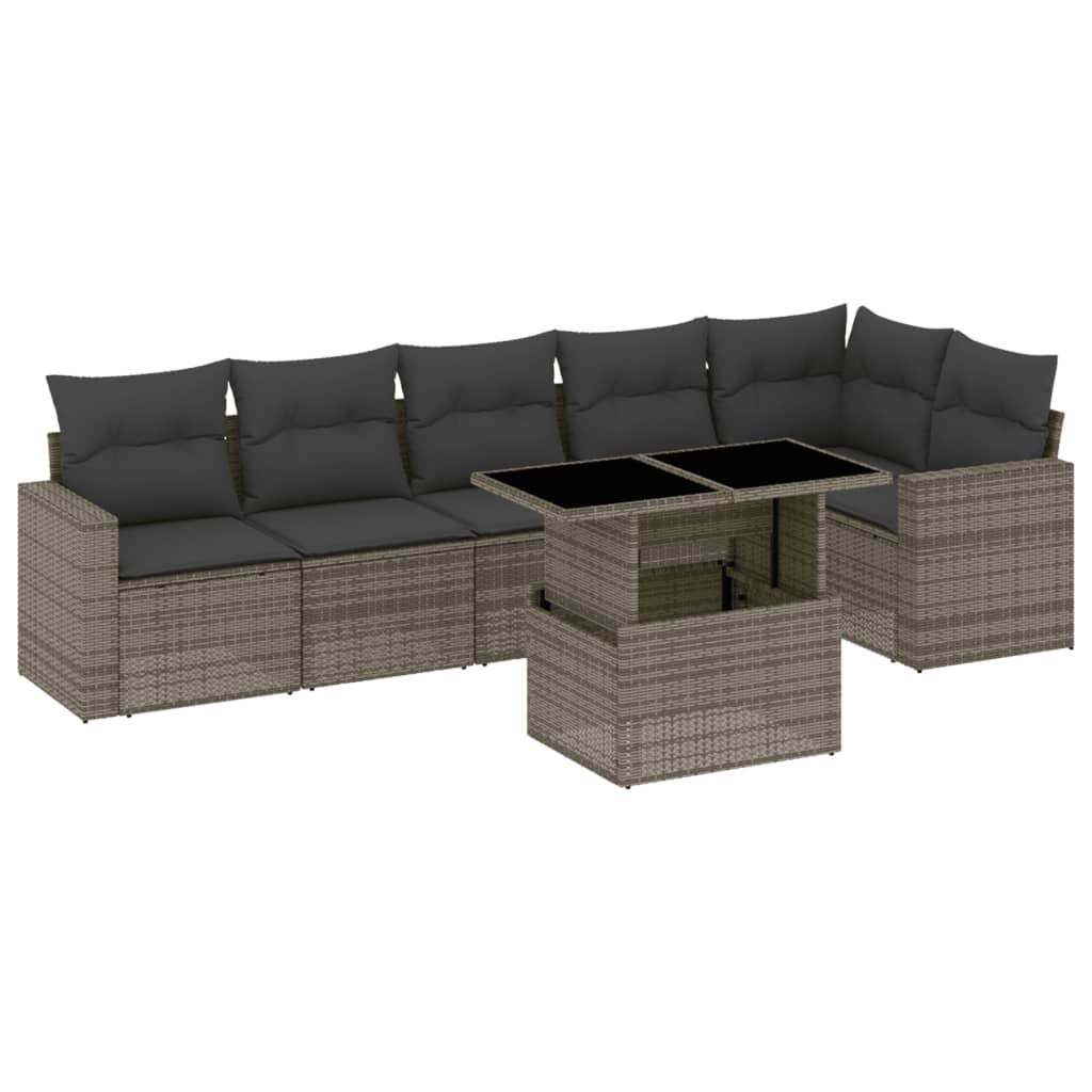 Salon de jardin avec coussins 7 pcs gris résine tressée