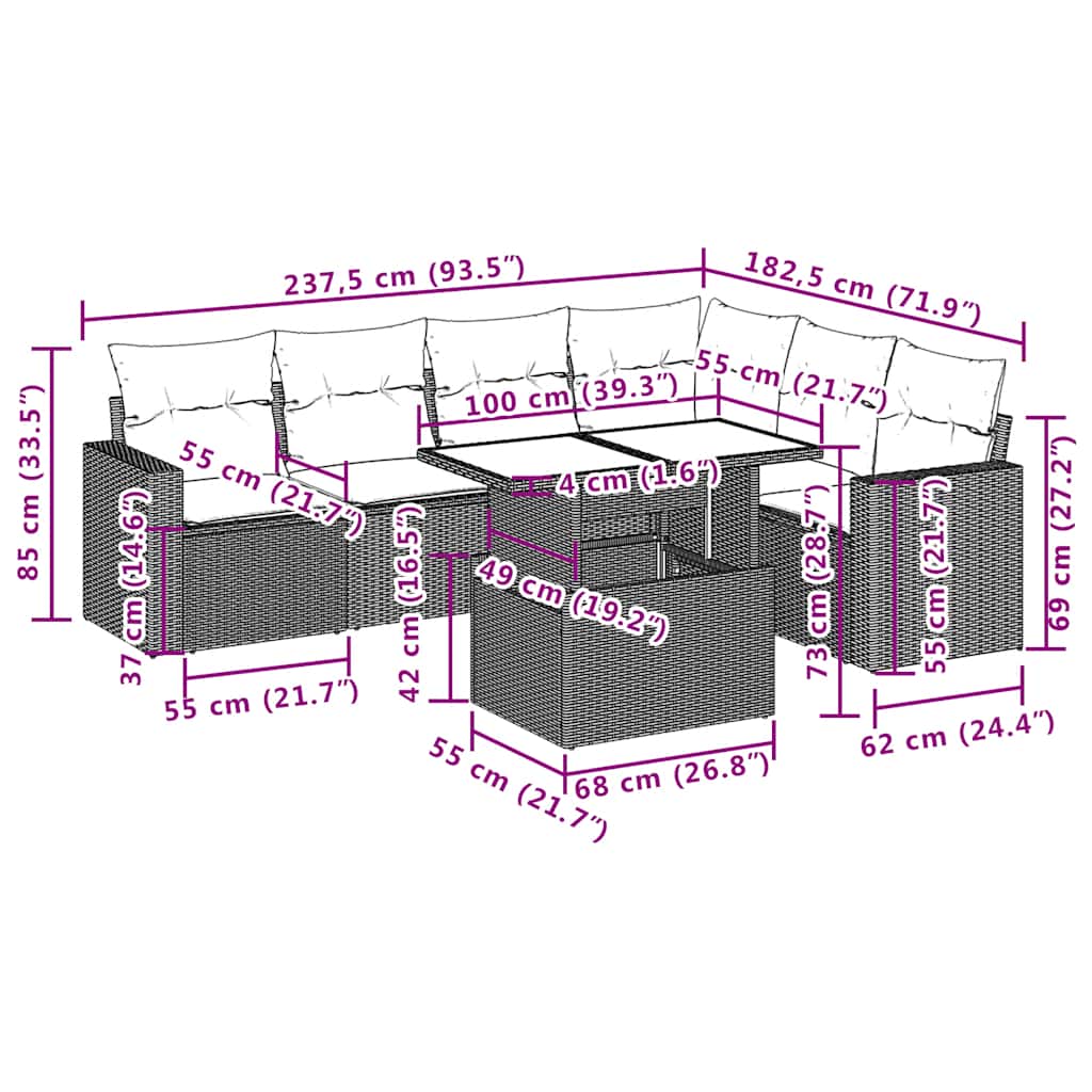 Ensemble de canapé de jardin 7 pcs avec coussins gris résine tressée