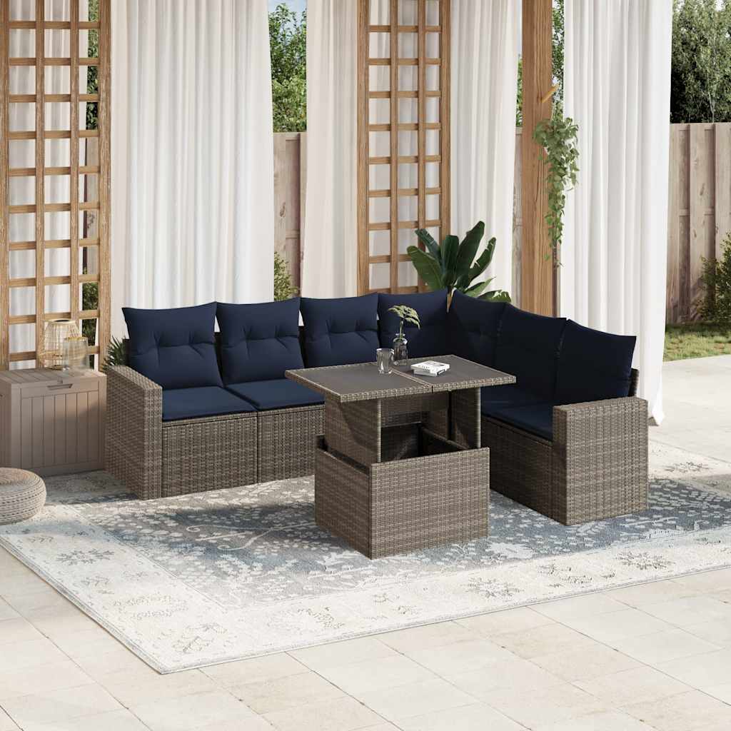 Ensemble de canapé de jardin 7 pcs avec coussins gris résine tressée