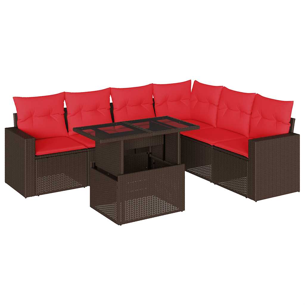 Ensemble de canapé de jardin 7 pcs avec coussins marron résine tressée