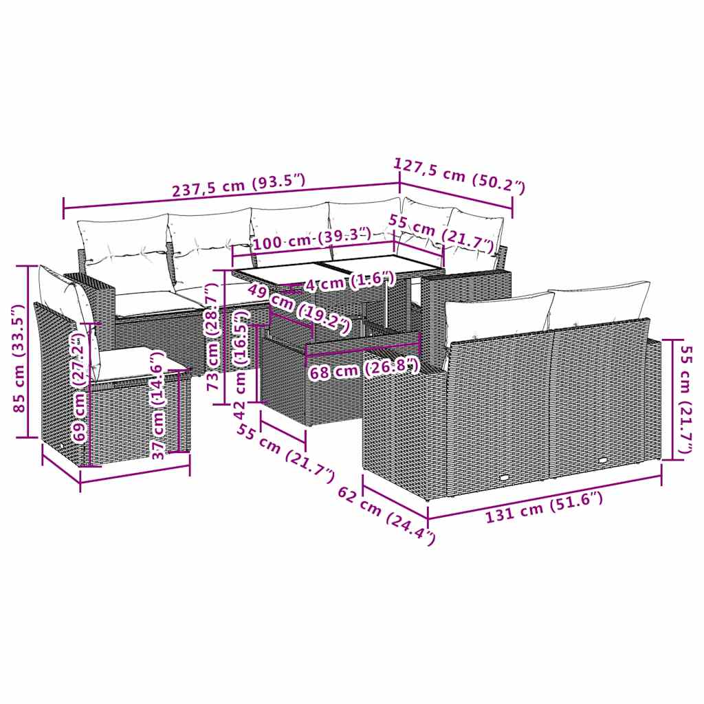 Ensemble de canapé de jardin 9 pcs avec coussins gris résine tressée