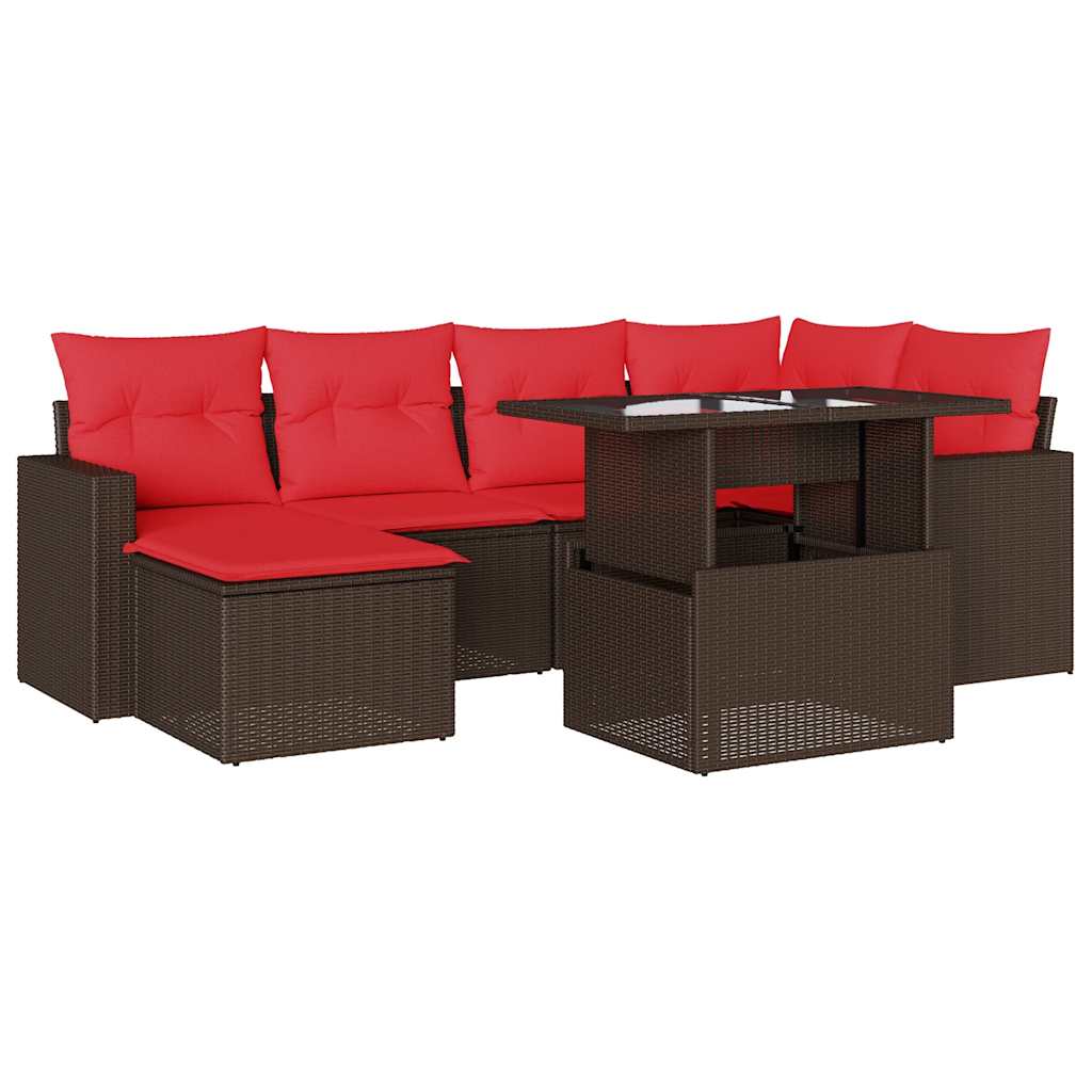 Ensemble de canapé de jardin 7 pcs avec coussins marron résine tressée