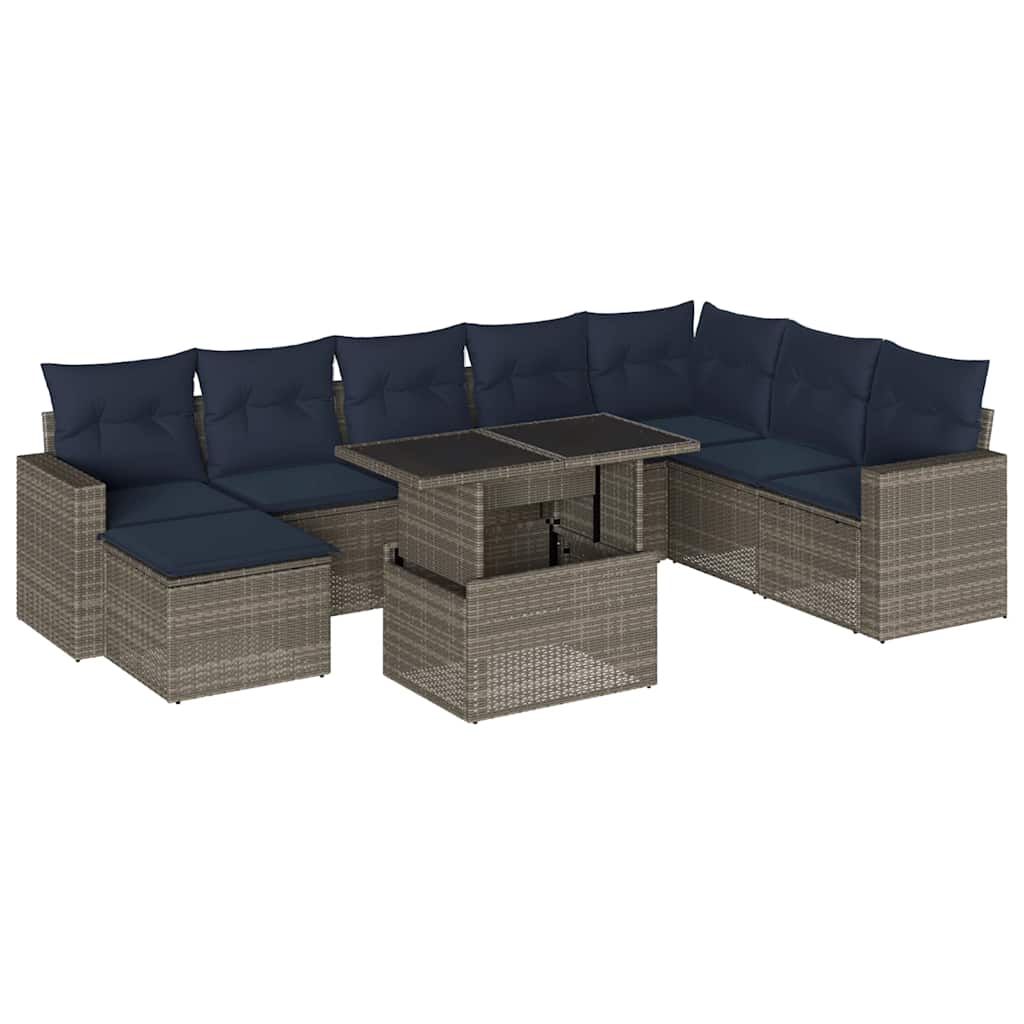 Ensemble de canapé de jardin 9 pcs avec coussins gris résine tressée