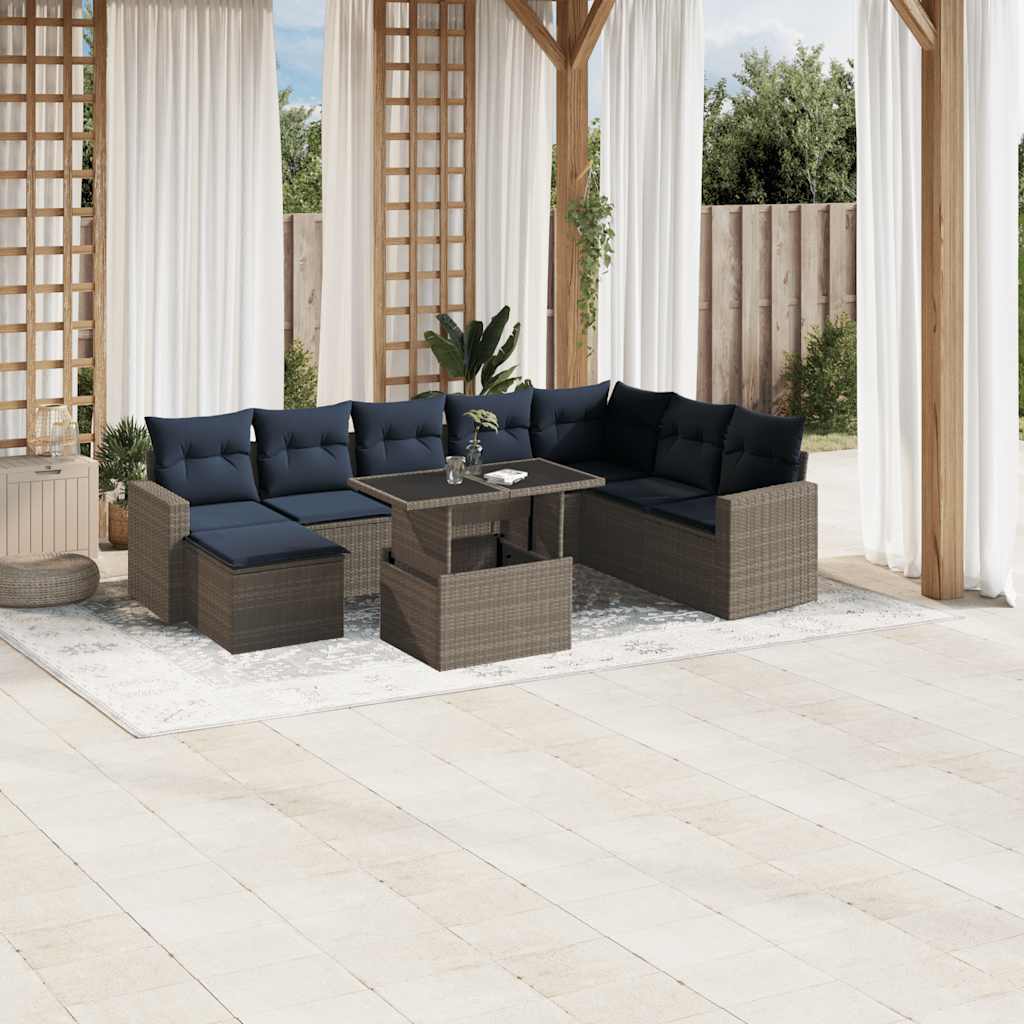 Ensemble de canapé de jardin 9 pcs avec coussins gris résine tressée