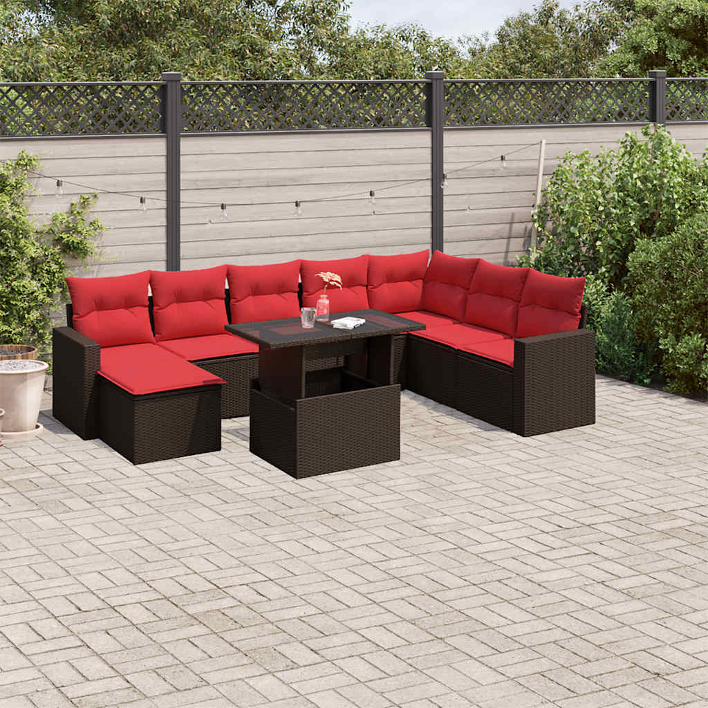 Ensemble de canapé de jardin 9 pcs avec coussins marron résine tressée