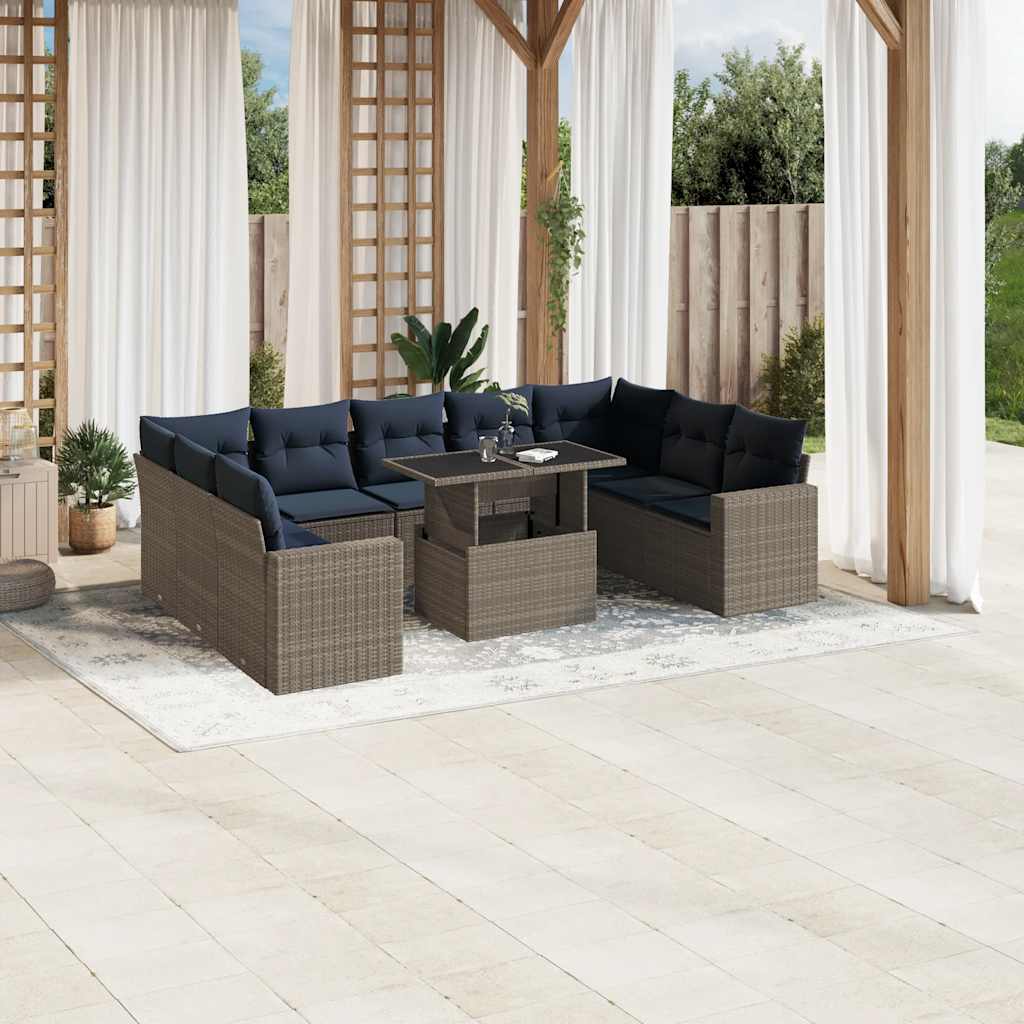 Ensemble de canapé de jardin 10 pcs avec coussins gris résine tressée