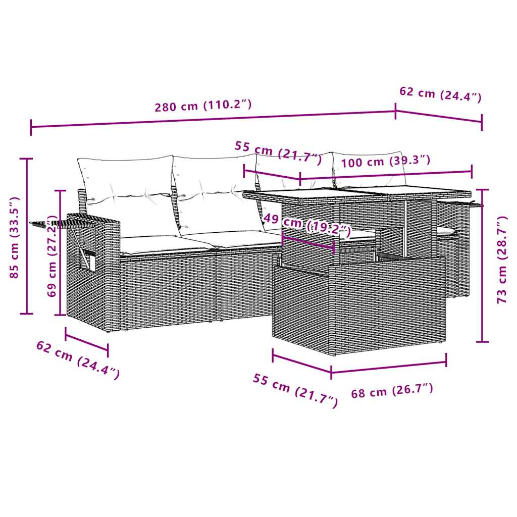 Ensemble de canapé de jardin 5 pcs avec coussins gris résine tressée