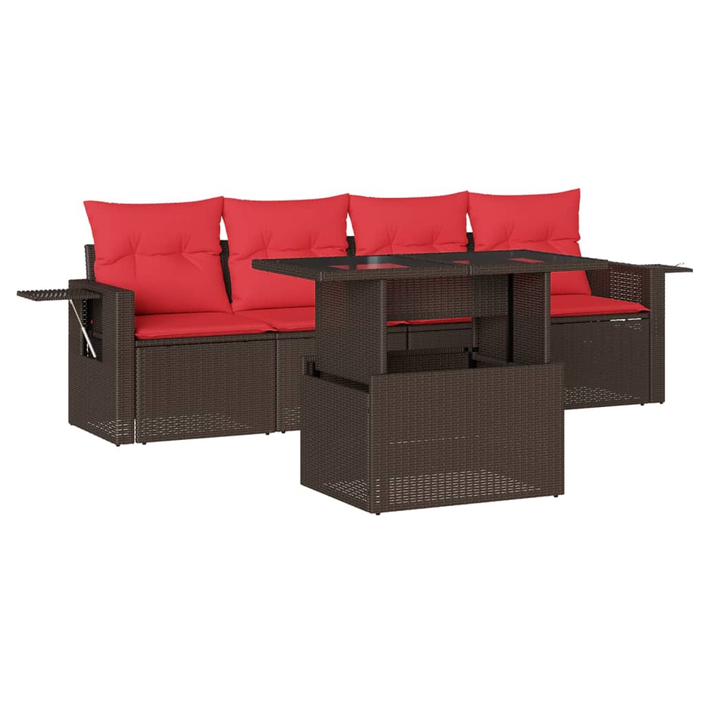 Ensemble de canapé de jardin 5 pcs avec coussins marron résine tressée