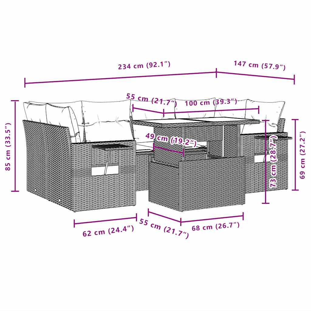 Ensemble de canapé de jardin 7 pcs avec coussins gris résine tressée