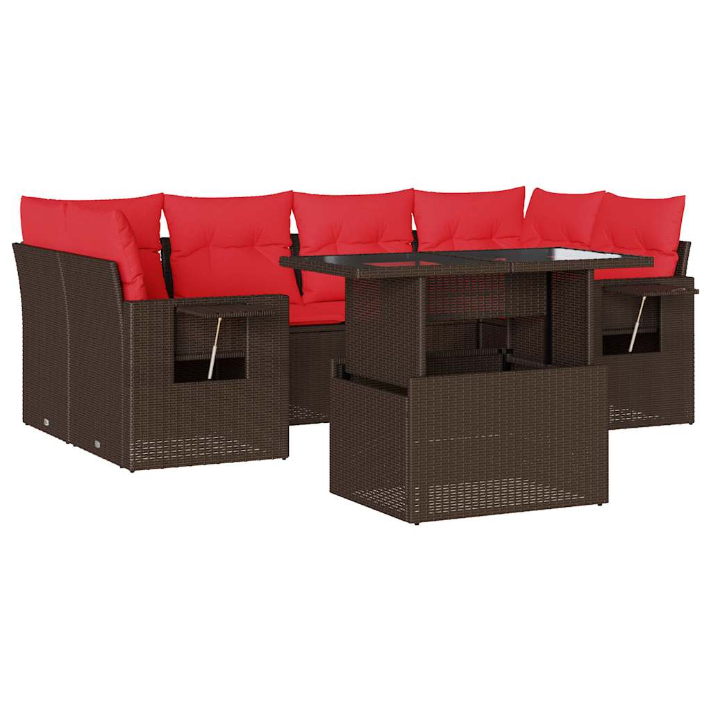 Ensemble de canapé de jardin 7 pcs avec coussins marron résine tressée