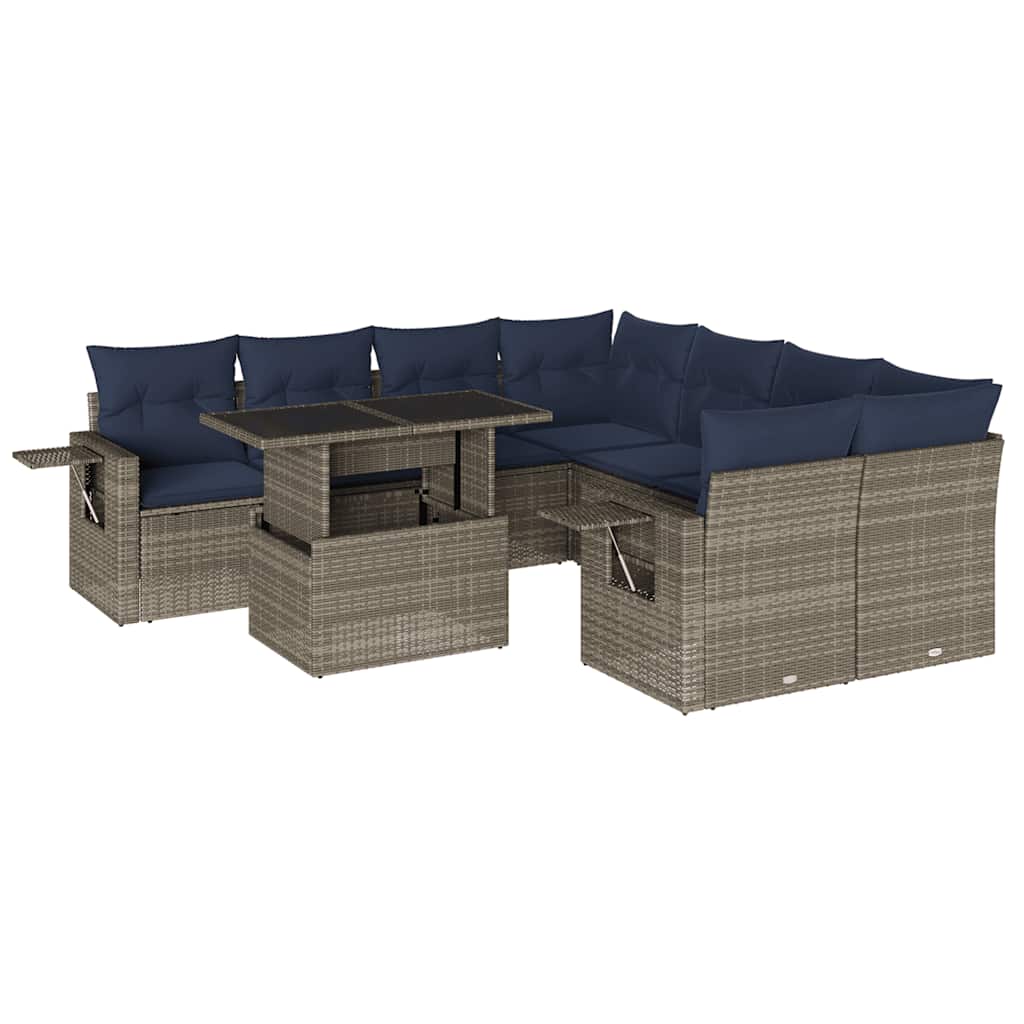 Ensemble de canapé de jardin 9 pcs avec coussins gris résine tressée